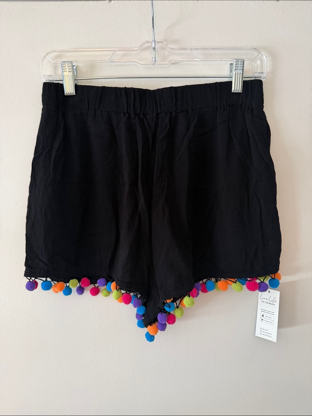 Cupshe Black Pom Pom Cover-Up Shorts Mid Rise Elastic Waist New with Tags Size M